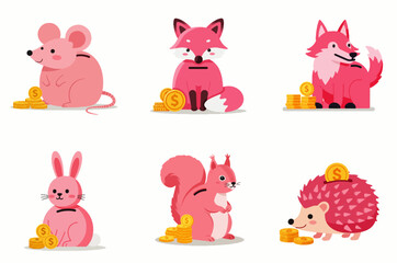 Cute pink animal piggy banks, including mouse, fox, rabbit, squirrel, and hedgehog, sitting with gold coins.
