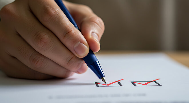 Hand marking checklist with blue pen red checkmark - Powered by Adobe