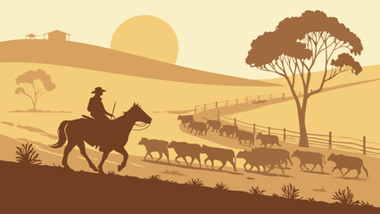 Silhouette of a cowboy herding cattle across a rural landscape at sunset.