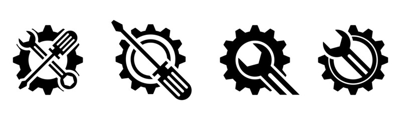 Set of repair service tools, gears, wrench and screwdriver icon vector illustration on white background. For mechanics and repairs.
