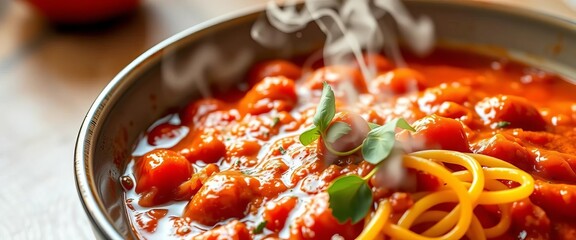 A steaming bowl of spaghetti with rich tomato sauce, ready to enjoy,  food,  cuisine