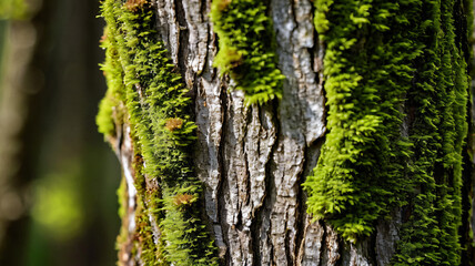 Obraz premium Tree bark with green moss, ultra realistic macro detail