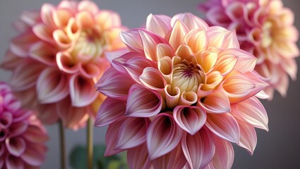 Fototapeta premium Photorealistic blooming dahlias with layered petals, rich pink and orange hues, natural light