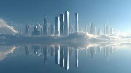 Fototapeta premium Futuristic, gleaming city skyline of glass skyscrapers rises majestically from a sea of soft, low-lying clouds against a clean white background with a subtle reflection.
