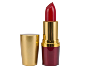  Open red lipstick with golden metallic casing isolated on transparent background