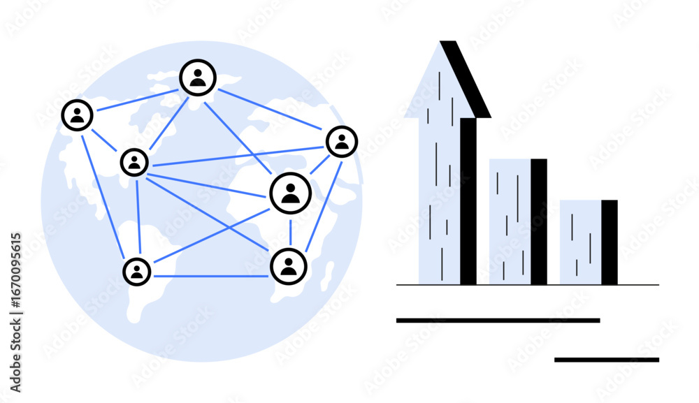 Aufkleber connected user icons linked across a world map next to a rising bar chart with an upward arrow. idea