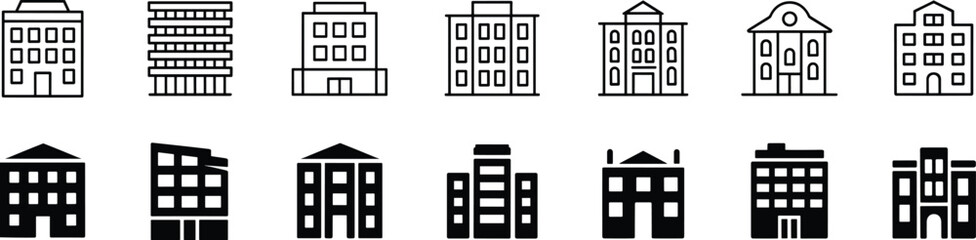 Fototapeta premium Flat vector black building icons set with diverse architectural styles, roofs, windows, doors for city, urban, construction, real estate design