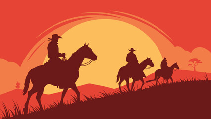 Silhouette of cowboys riding horses at sunset western landscape illustration.