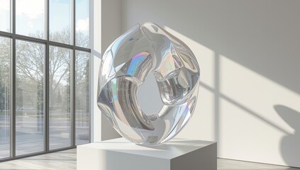 Sleek modern sculpture radiating light in bright airy gallery space inspires creativity and innovation