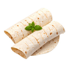 Wrapped Flour Tortillas with Herb: Freshly rolled flour tortilla wraps, topped with a vibrant sprig of basil. This simple, yet elegant shot showcases the wholesome nature of the wraps. 