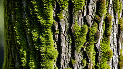 Obraz premium Tree bark with green moss, ultra realistic macro detail