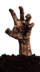 Rising From the Depths: A hauntingly realistic hand, emerging from the earth, its tattered and weathered skin hinting at a chilling, otherworldly presence and the darkness of the abyss.