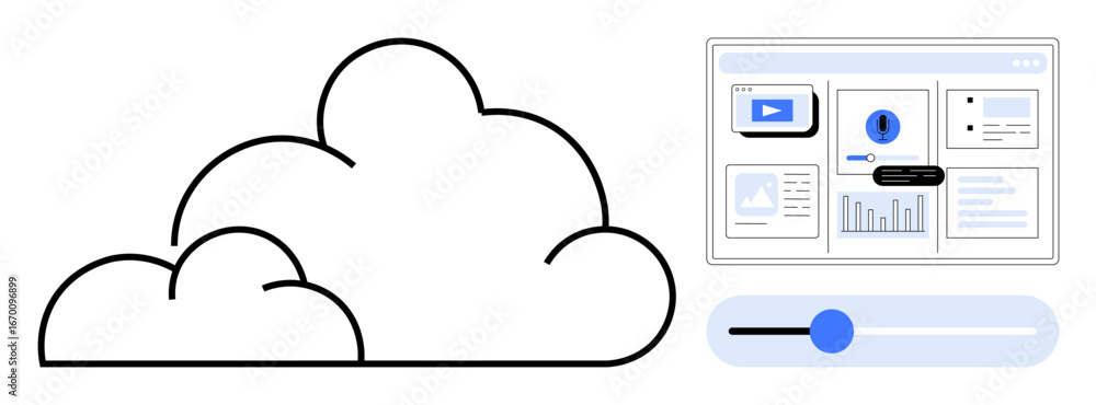 Fototapete cloud graphic linked to user interface window displaying charts, graphs, and media elements with an 