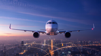 White passenger jet flying over illuminated city at dusk
