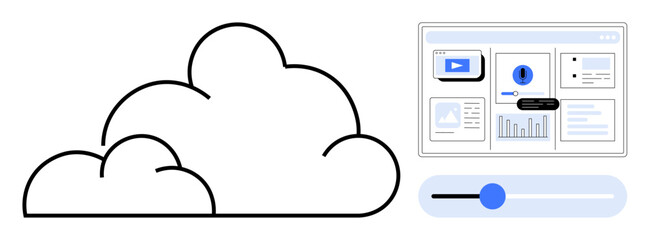 Cloud graphic linked to user interface window displaying charts, graphs, and media elements with an adjustable slider. Ideal for data, technology, software, analytics, cloud storage, web services