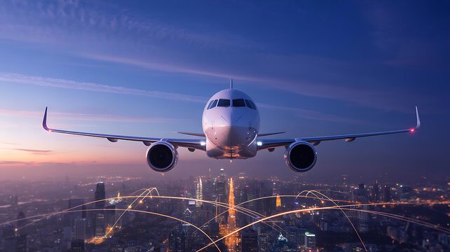 White passenger jet flying over illuminated city at dusk