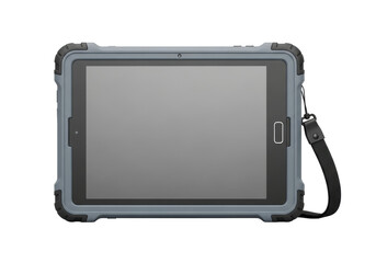 Rugged slate grey industrial tablet, reinforced casing, matte display, rubberized corners, hand strap, isolated transparent background, copy space, soft studio light, durable tech concept