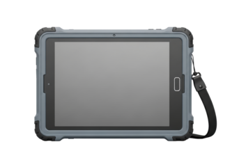 Rugged slate grey industrial tablet, reinforced casing, matte display, rubberized corners, hand strap, isolated transparent background, copy space, soft studio light, durable tech concept