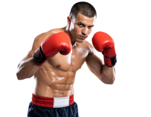 Male boxer in defensive stance wearing red gloves isolated on transparent background