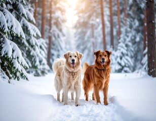 Two dogs in a snowy forest