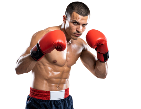 Male boxer in defensive stance wearing red gloves isolated on transparent background