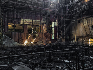 inside a building burned down and destroyed during the war in a city in Ukraine