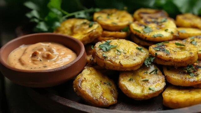 traditional patacones colombia food, caribbean coast cuisine, orbit video close-up
