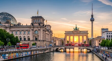 Panoramic view of Berlin cityscape at sunset with iconic landmarks and river reflection.