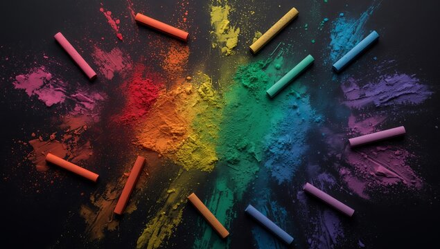Vibrant rainbow chalk dust art on a dark surface creates a stunning abstract background design