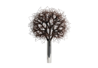 Avant-garde sculpture with dark copper wire foliage, polished steel trunk, transparent background, crisp shadow, concept of modern industrial art