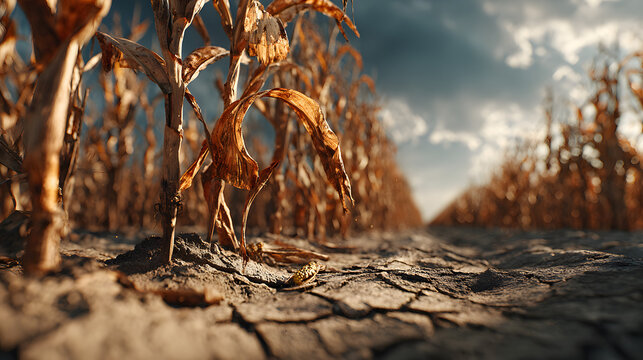 Corn crops suffering from severe drought caused by cimate change and harsh weaher during harvest time.