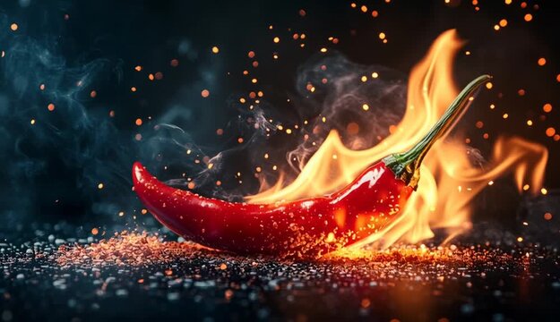 Red hot chili pepper burning with flames and sparks on dark background