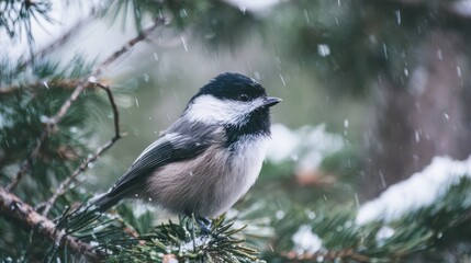 Obraz premium A Black-Capped Chickadee on a Snowy Pine Branch