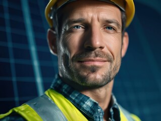 Confident worker ready for a new project, with a safety vest and hard hat in front of a solar panel, showing the future of sustainable energy solutions