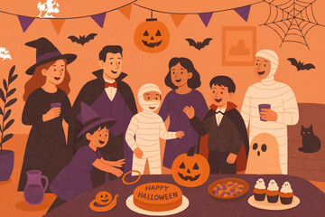 Flat vector illustration of family and friends enjoying a Halloween party with costumes and cake.
