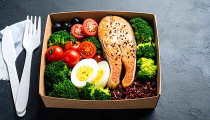 Healthy lunchbox with salmon, vegetables, and brown rice