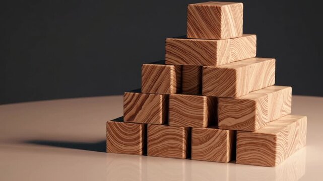 Geometric wooden playthings arranged in stable triangular formation devoid of surface ry