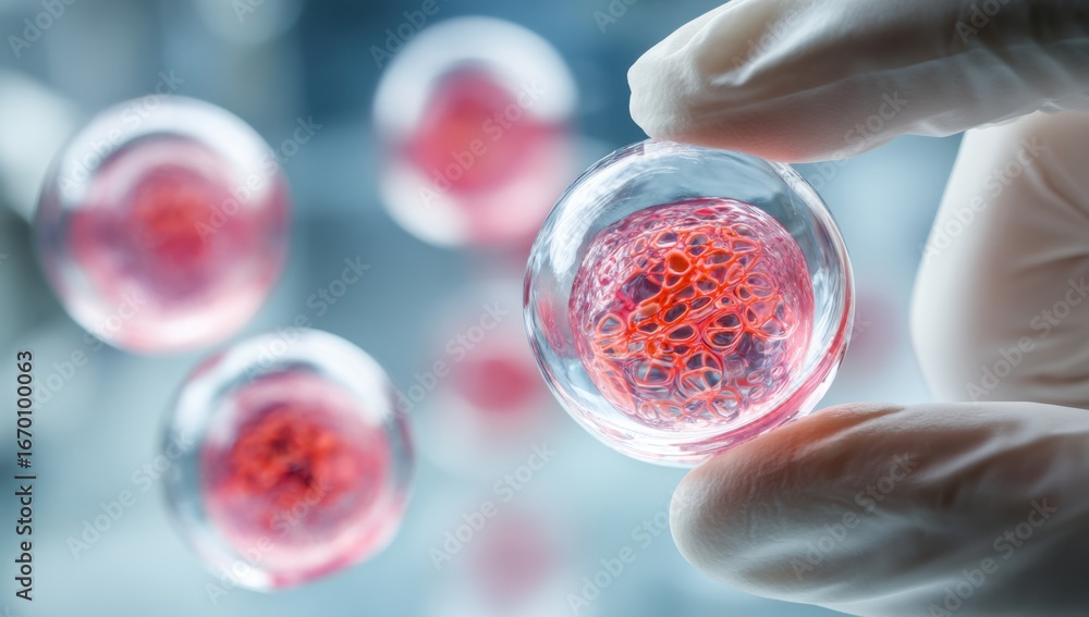 Poster close-up of scientist holding a glass slide with stem cells in laboratory setting