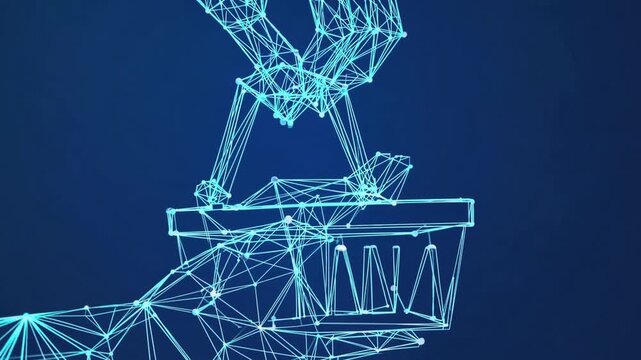 Transfer to the Virtual Store Concept with Hand Holding Shopping Basket in Low-Poly Design