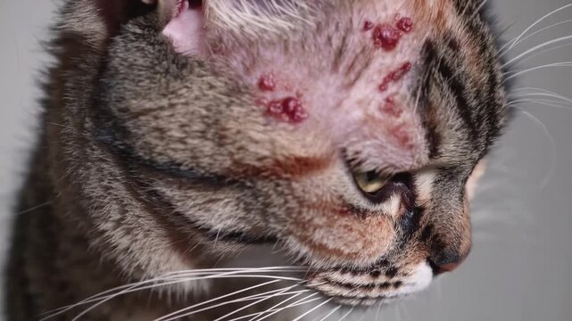 Section of Feline's Head Displaying Skin Afflictions Such as Ringworm and Mange