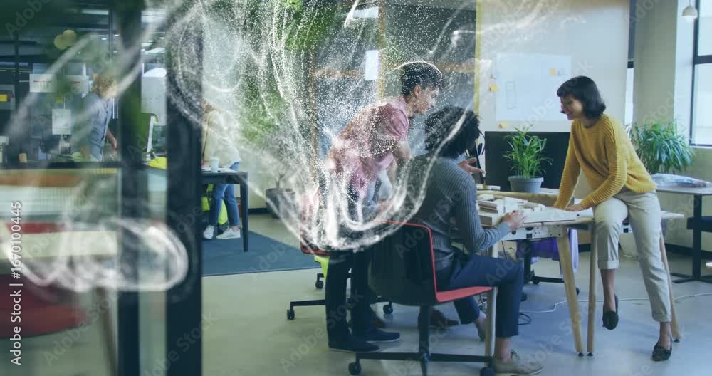 Aufkleber three colleagues starting design review meeting while white particle swarm visualizing ideas