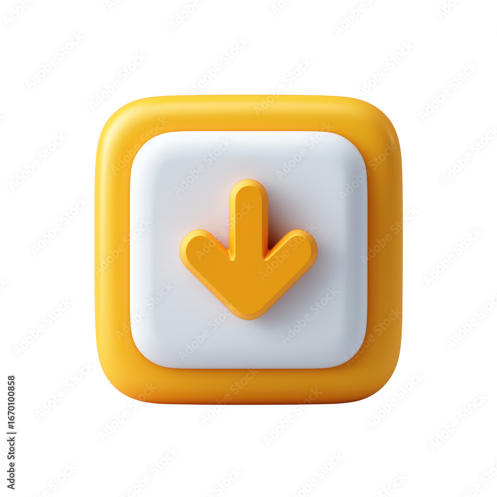 Poster orange and white 3d down arrow icon with rounded square button isolated on transparent background