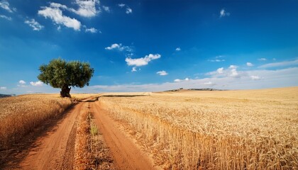 Obraz premium dry summer wheat field with a dusty dirt road a lone gnarled olive tree under a scorching blue sky at high noon