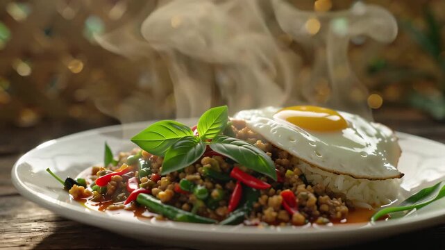 A steaming plate of Thai basil stir-fry (Pad Krapow) with a fried egg, emitting a mouth-watering aroma.