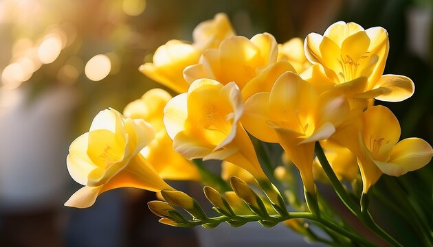 golden freesia bloom delicate yellow freesias in full bloom their petals softly catching the sunlight a gentle ethereal beauty unfolds in this close up shot