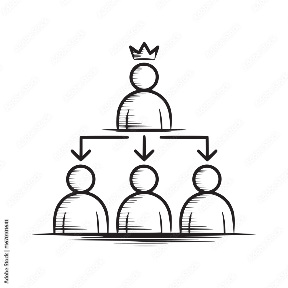 Aufkleber illustration of a hierarchical structure with a crowned leader and three subordinates below them