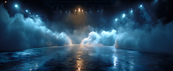 Obraz premium [The Blue Foggy Stage Bathed in Moody Overhead LightWith Reflective Wet Floor]