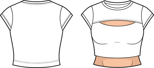 Short-sleeve cropped T-shirt with cut-out detail and crew neck fashion technical drawing flat sketch vector illustration for Adobe Stock