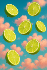 Fototapeta premium Fresh lime slices floating against a dreamy sky with pink clouds, surreal vibrant composition merging tropical freshness with playful modern design.