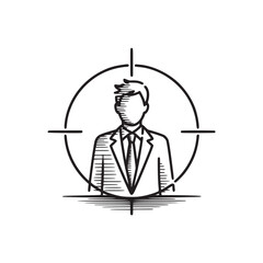 A person in a suit and tie inside of a crosshair target in a black and white line drawing style